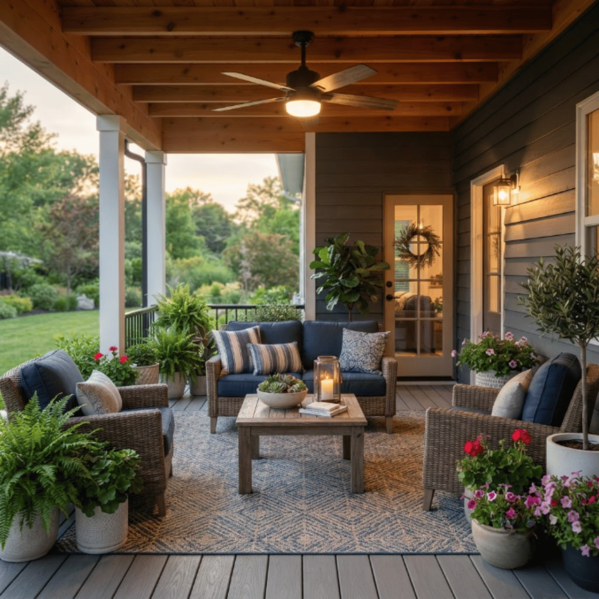 Covered porch with ceiling fan, seating, rug, and comfortable outdoor setup