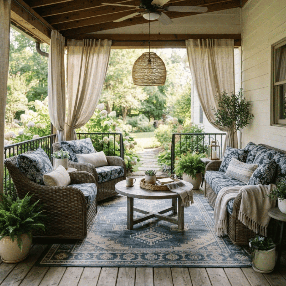 Covered porch with outdoor rug, cushions, curtains, and coordinated decor