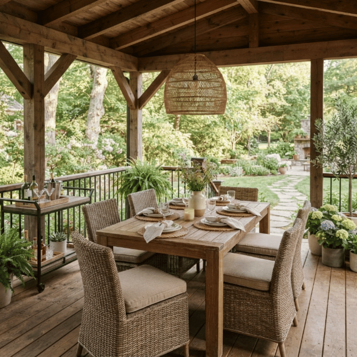 Covered porch dining area with table, chairs, lighting, and outdoor entertaining setup