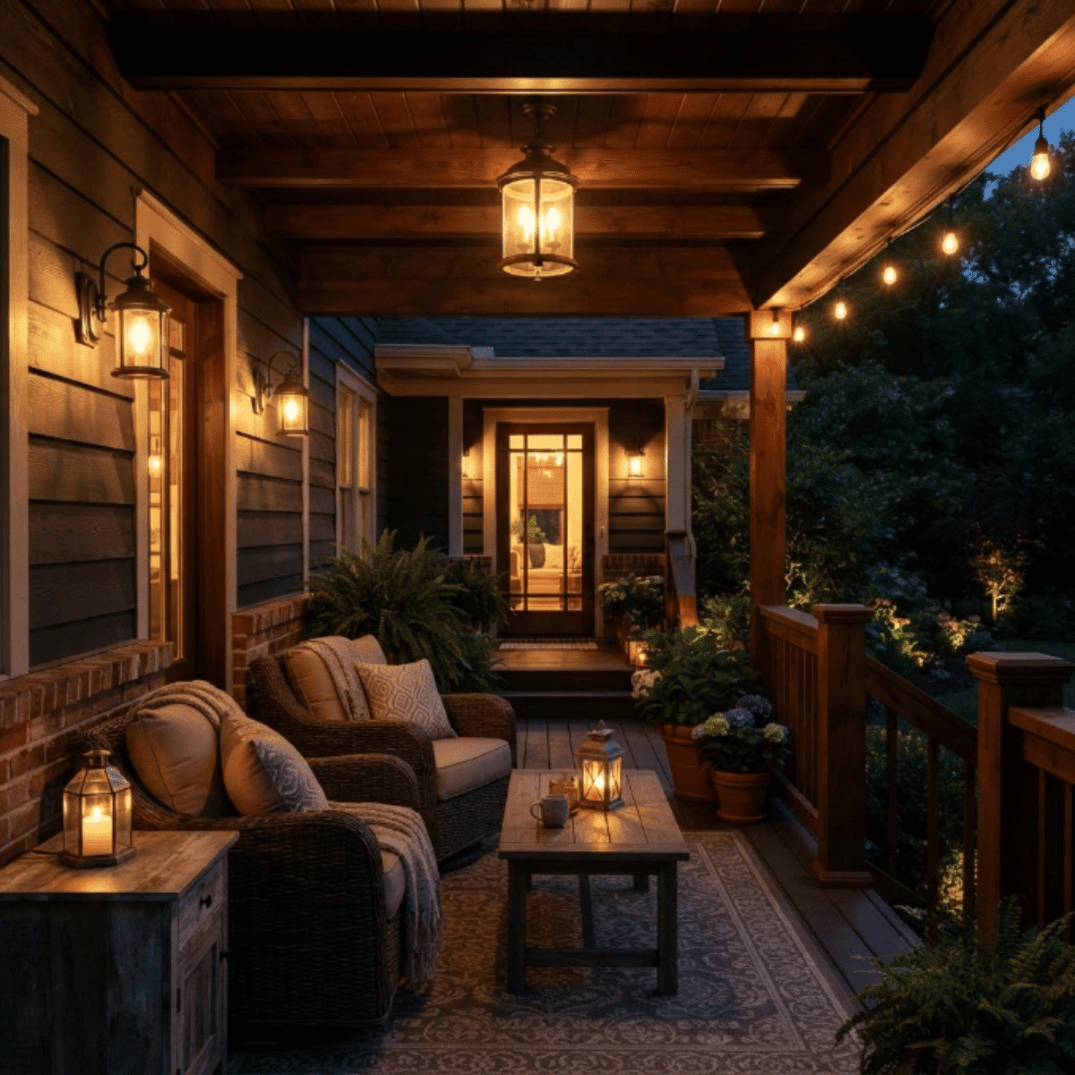 Covered porch with layered lighting, lanterns, sconces, and evening atmosphere