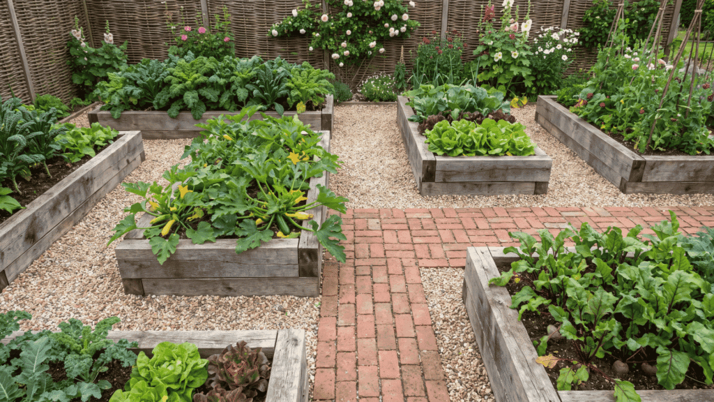 potager garden design with vegetables, herbs, flowers, raised beds, and pathways arranged in a structured backyard layout