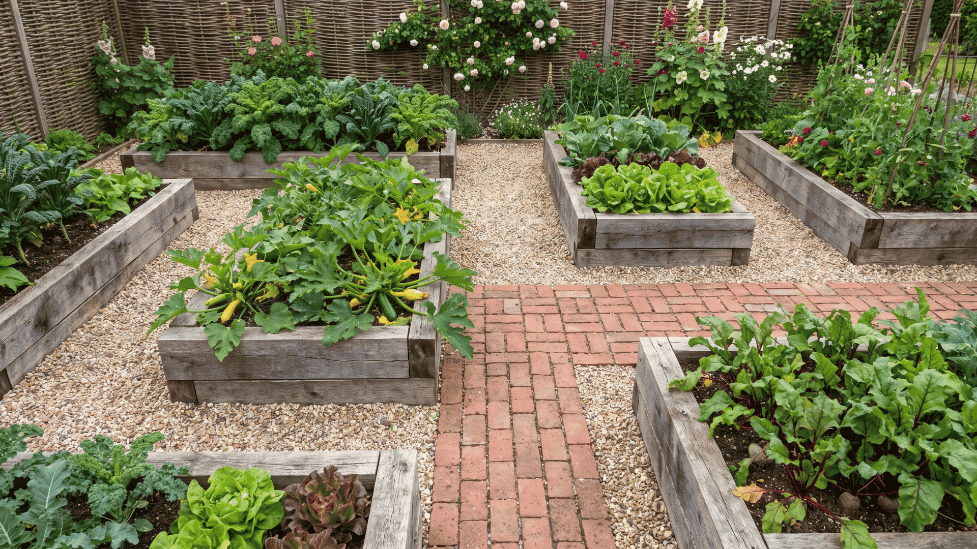 potager garden design with vegetables, herbs, flowers, raised beds, and pathways arranged in a structured backyard layout