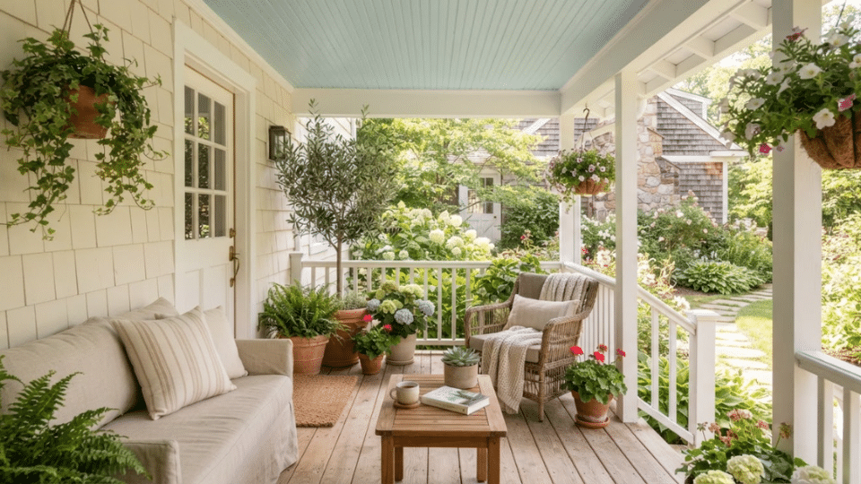 Soft powder blue porch ceiling creating a bright and relaxing outdoor retreat