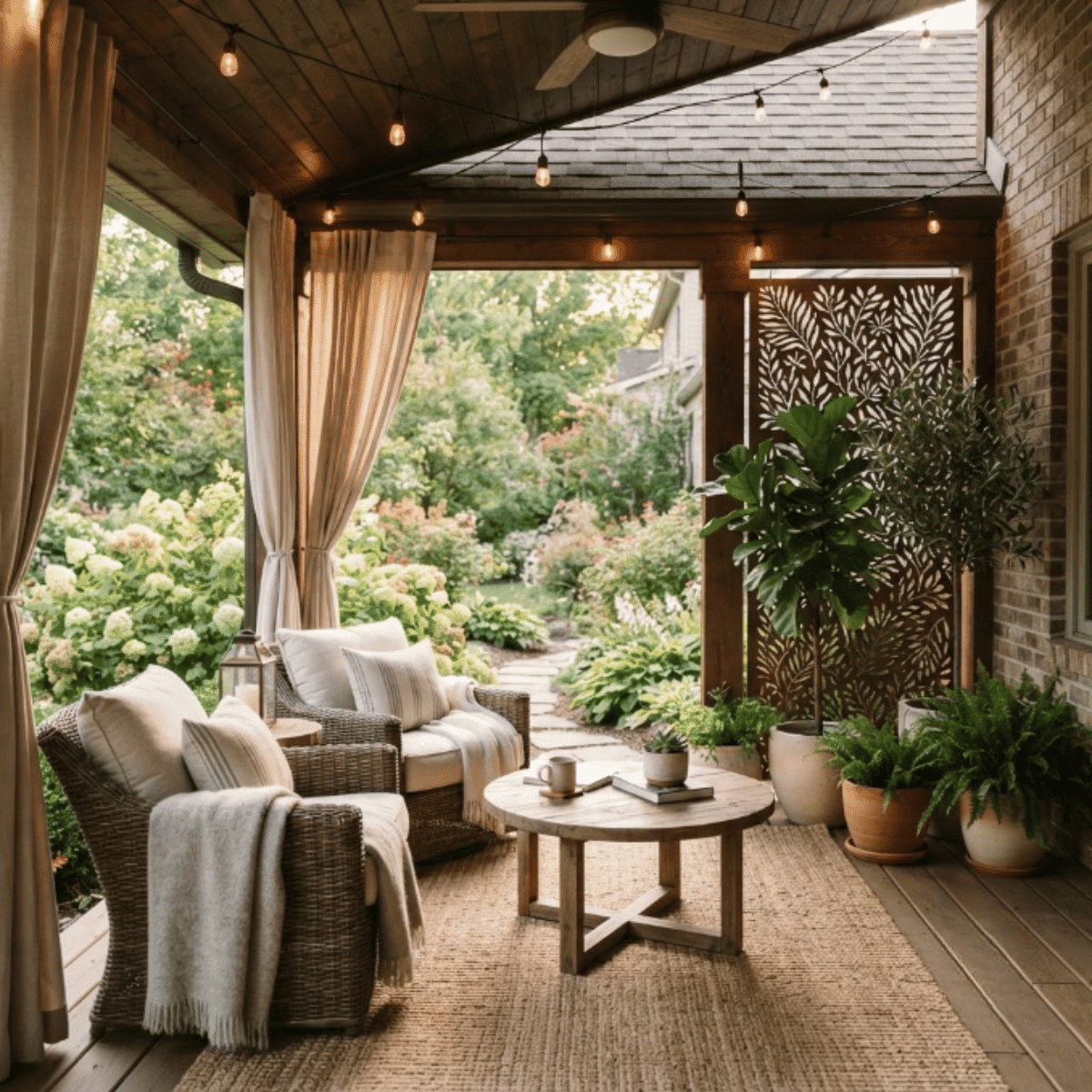 Privacy-focused covered porch with curtains, plants, and secluded seating area