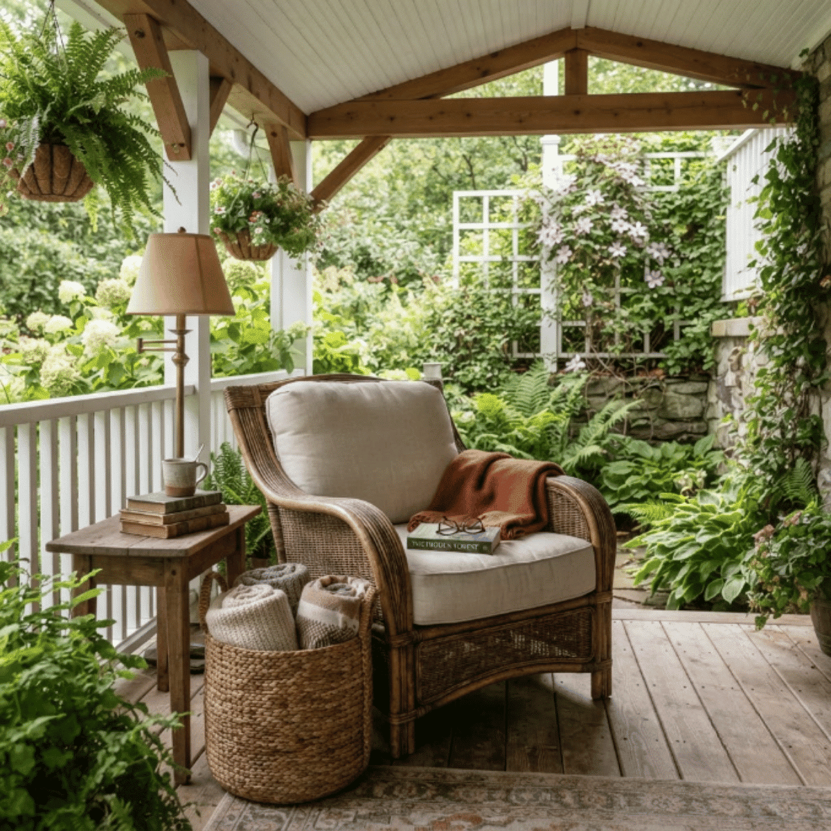 Covered porch reading nook with chair, table, books, and relaxing outdoor setup