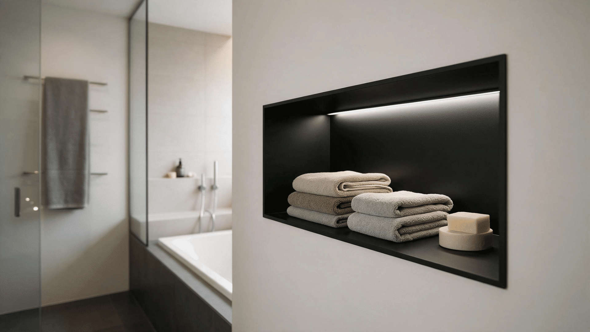recessed wall niche with neatly folded towels and soap in a modern bathroom