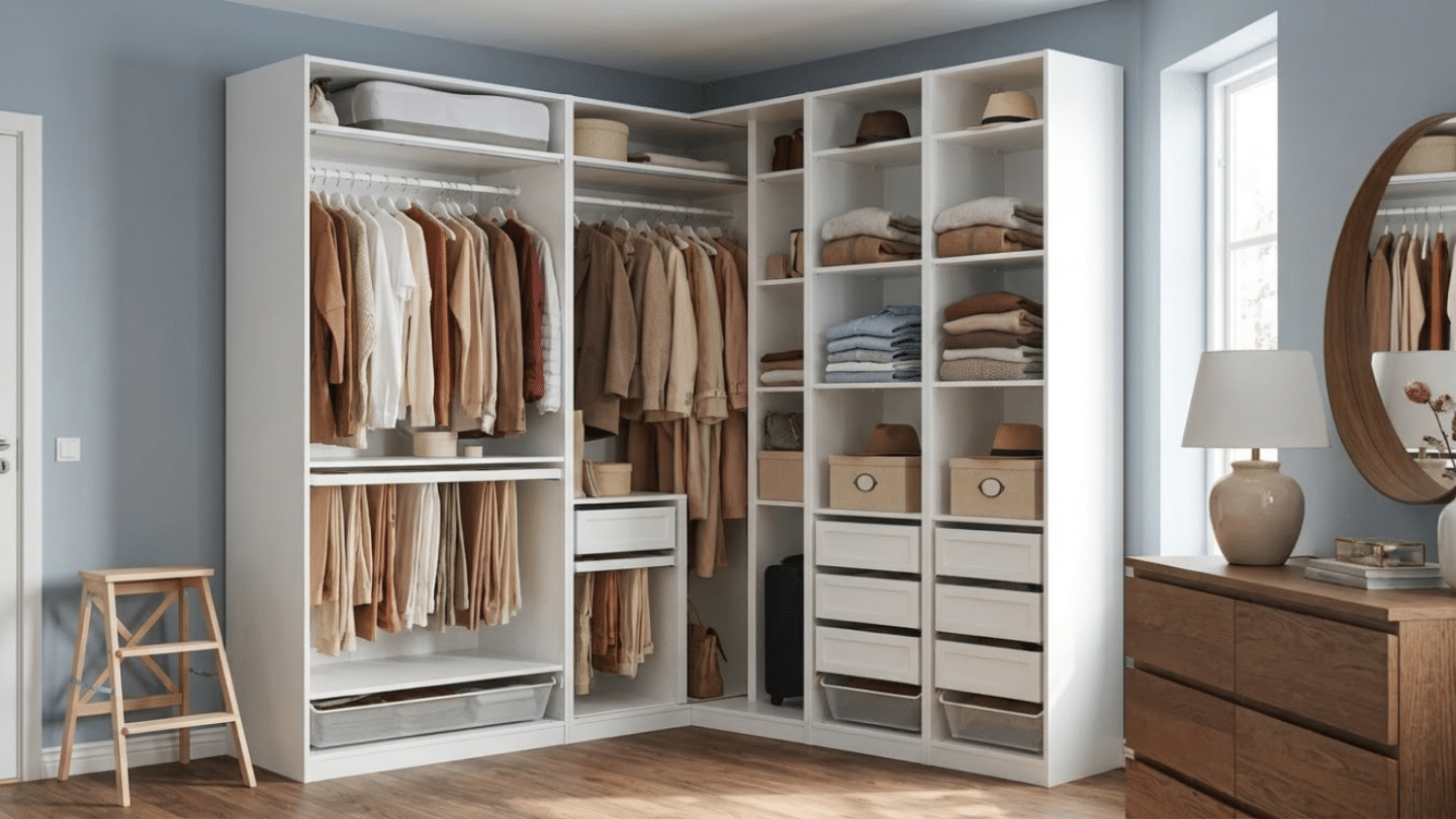 IKEA PAX wardrobes raised on a custom recessed base for a polished built-in bedroom appearance.