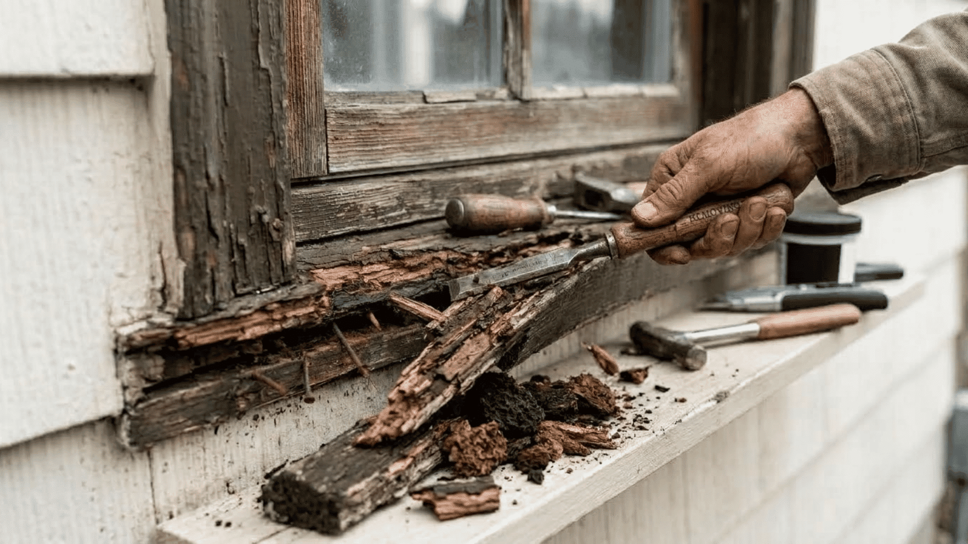 Removing rotten wood from a damaged window sill using hand tools during repair.