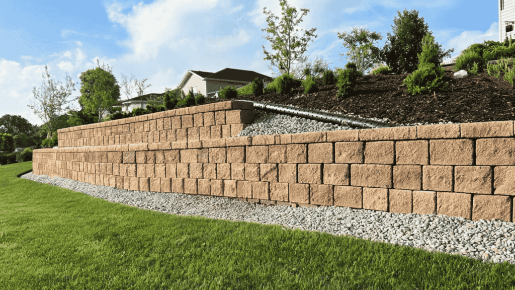 How to build a retaining wall with stacked blocks, gravel base, drainage, and landscaped sloped yard
