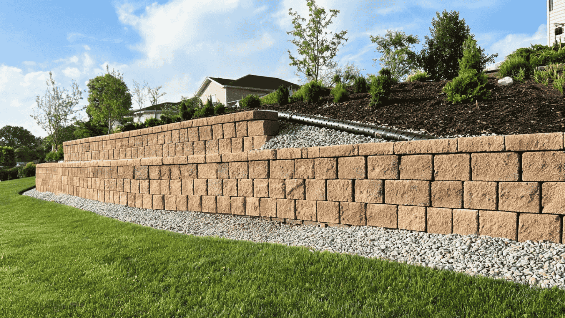 How to build a retaining wall with stacked blocks, gravel base, drainage, and landscaped sloped yard