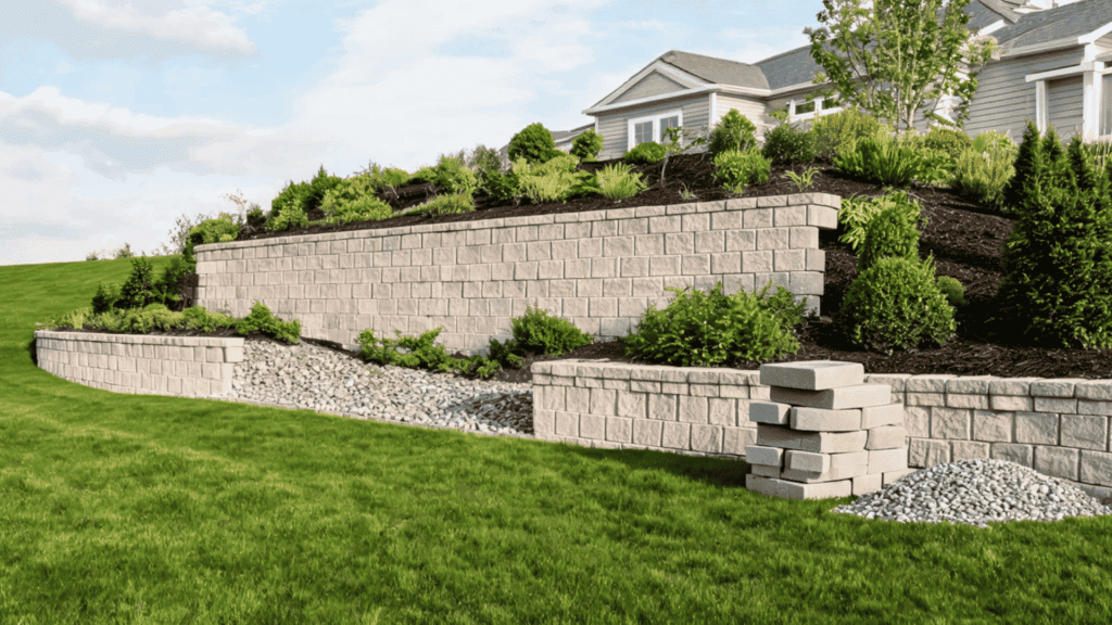 A retaining wall with concrete blocks, drainage materials, and a landscaped slope.