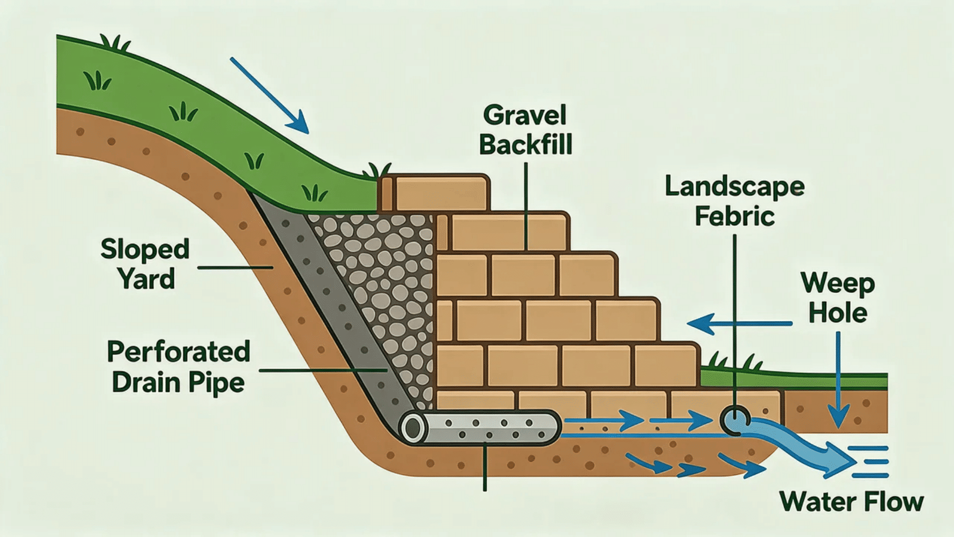 Retaining wall on a slope showing gravel backfill, drainage pipe, weep holes, and water flow