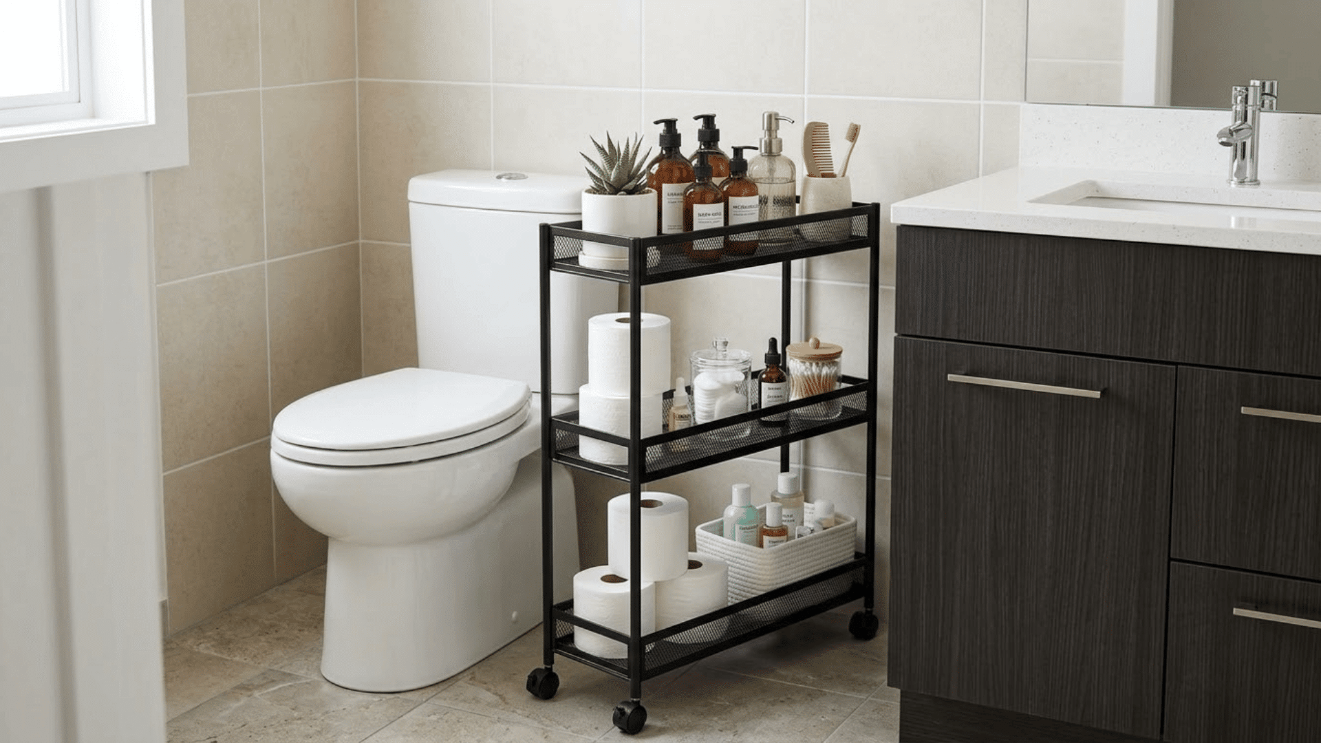 rolling bathroom storage cart holding toiletries and toilet paper beside the toilet and vanity