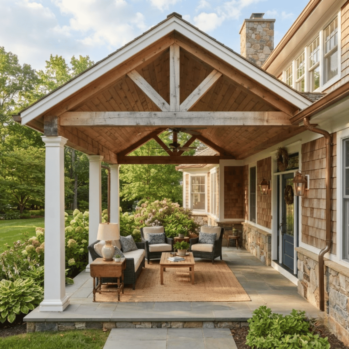 Gable roof covered porch with exposed beams, columns, and spacious outdoor seating area