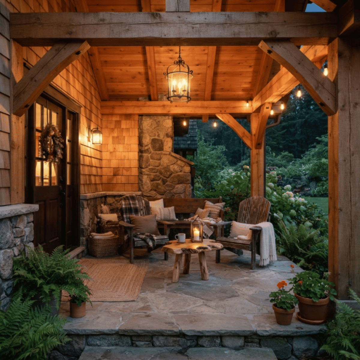 Covered porch with exposed wooden beams, rustic furniture, and natural accents
