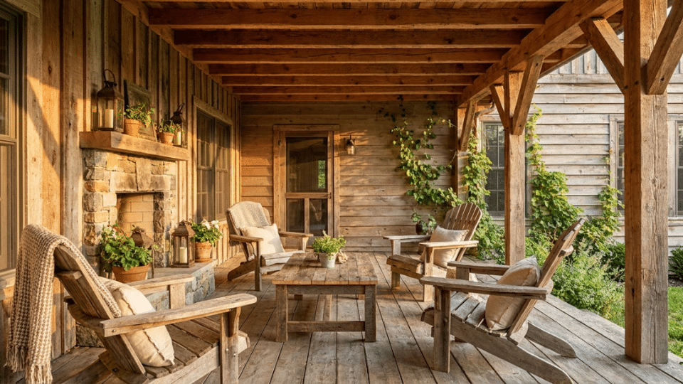 Rustic porch ceiling ideas with exposed wood beams add warmth and natural architectural detail