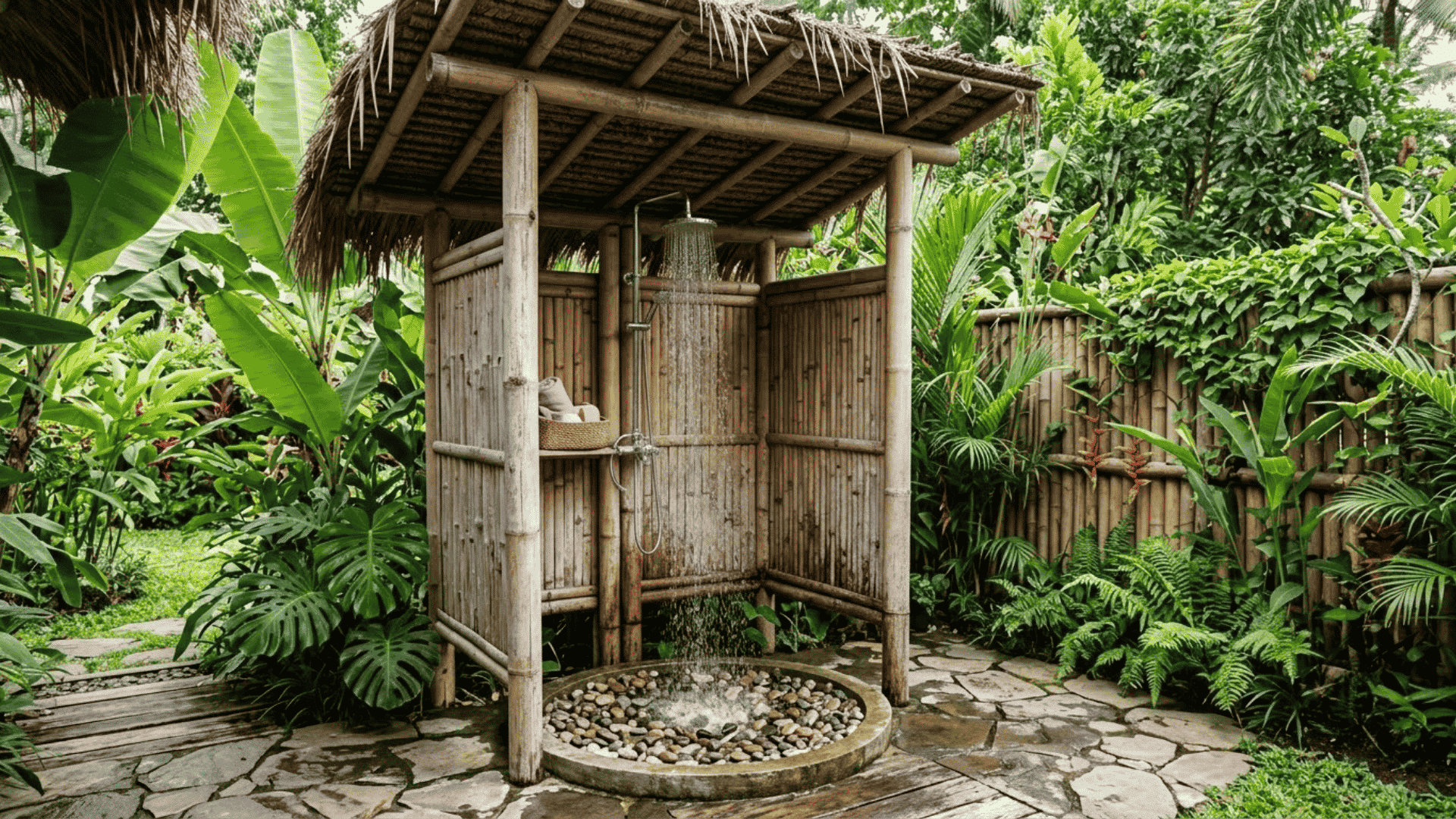 Bamboo outdoor shower with thatched roof, tropical plants, stone flooring, and a natural garden setting.