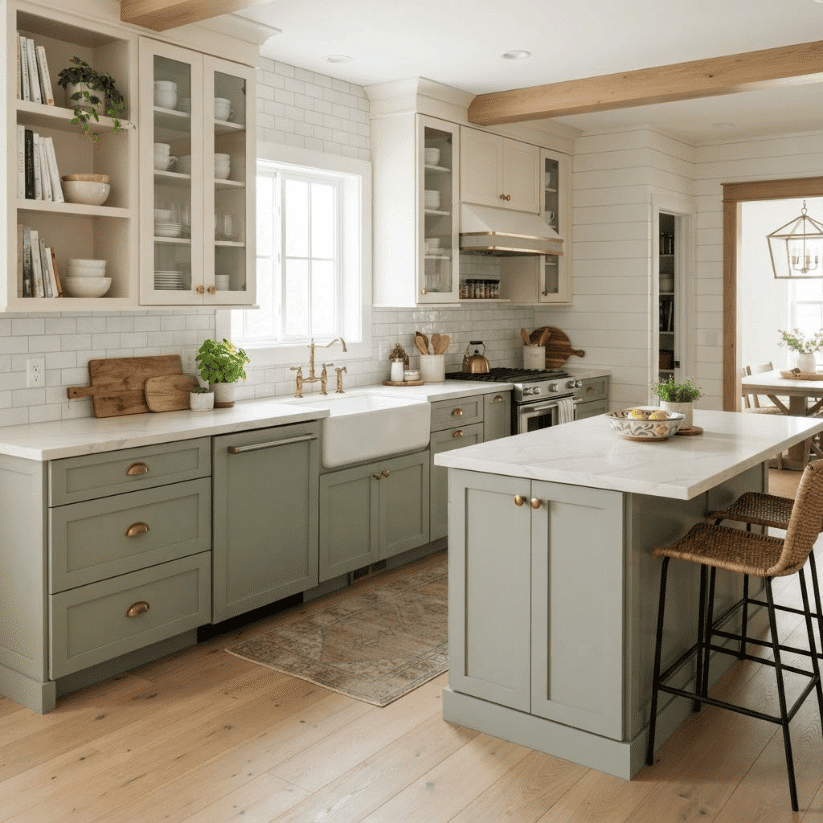 sage green lowers warm ivory uppers