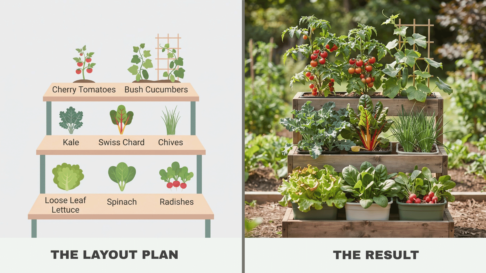 Salad bowl step vegetable garden layout plan and real photo with stepped shelves holding tomatoes, kale, lettuce, and spinach
