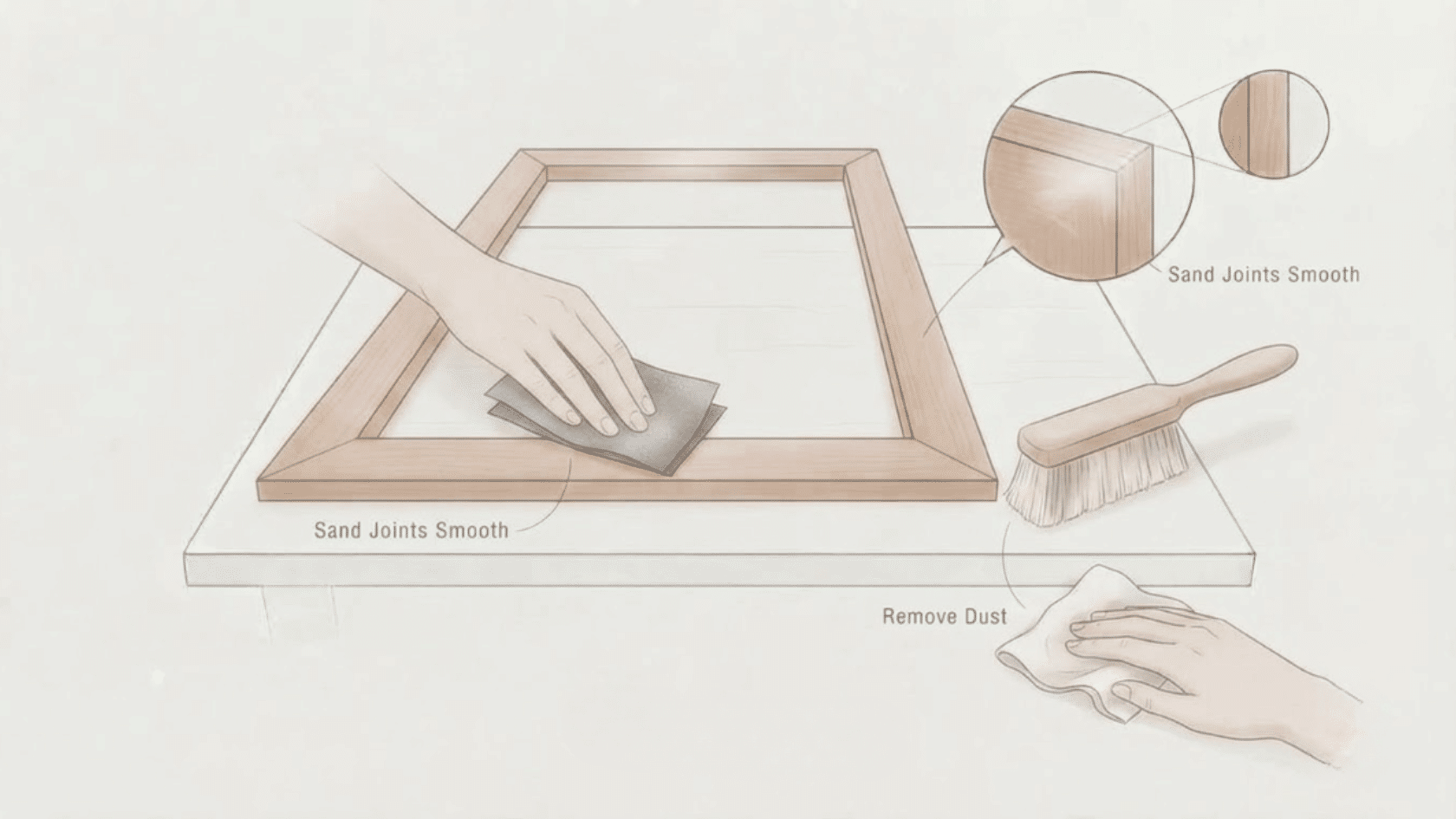 Sanding and finishing the wooden frame prepares smooth surfaces for completed face frame cabinets.