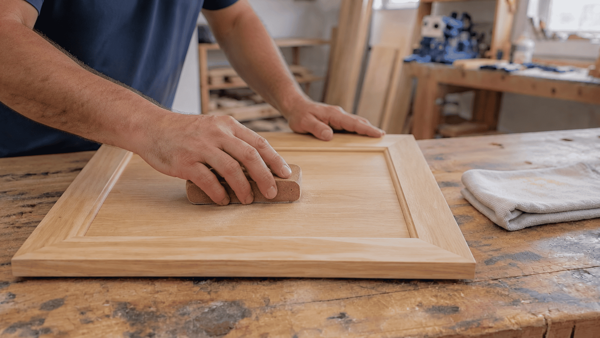 Hands sanding a cabinet door frame with sandpaper beside woodworking tools on a workbench