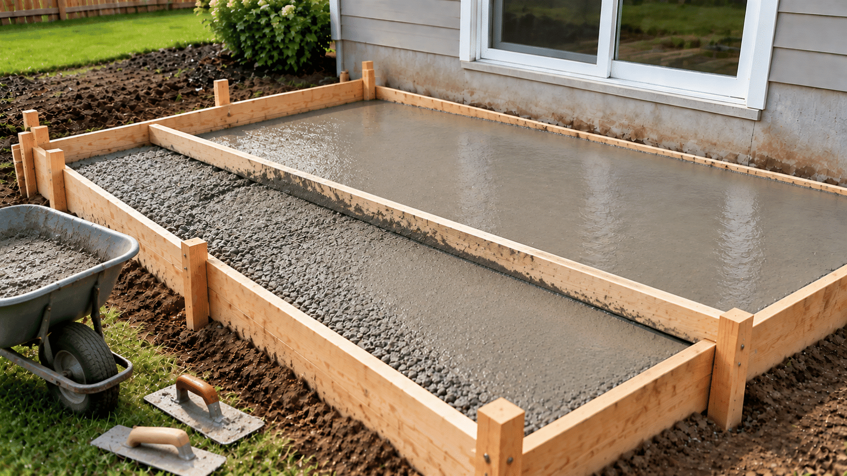 Concrete surface being leveled with a screed tool during this diy concrete patio project for an even finished slab.