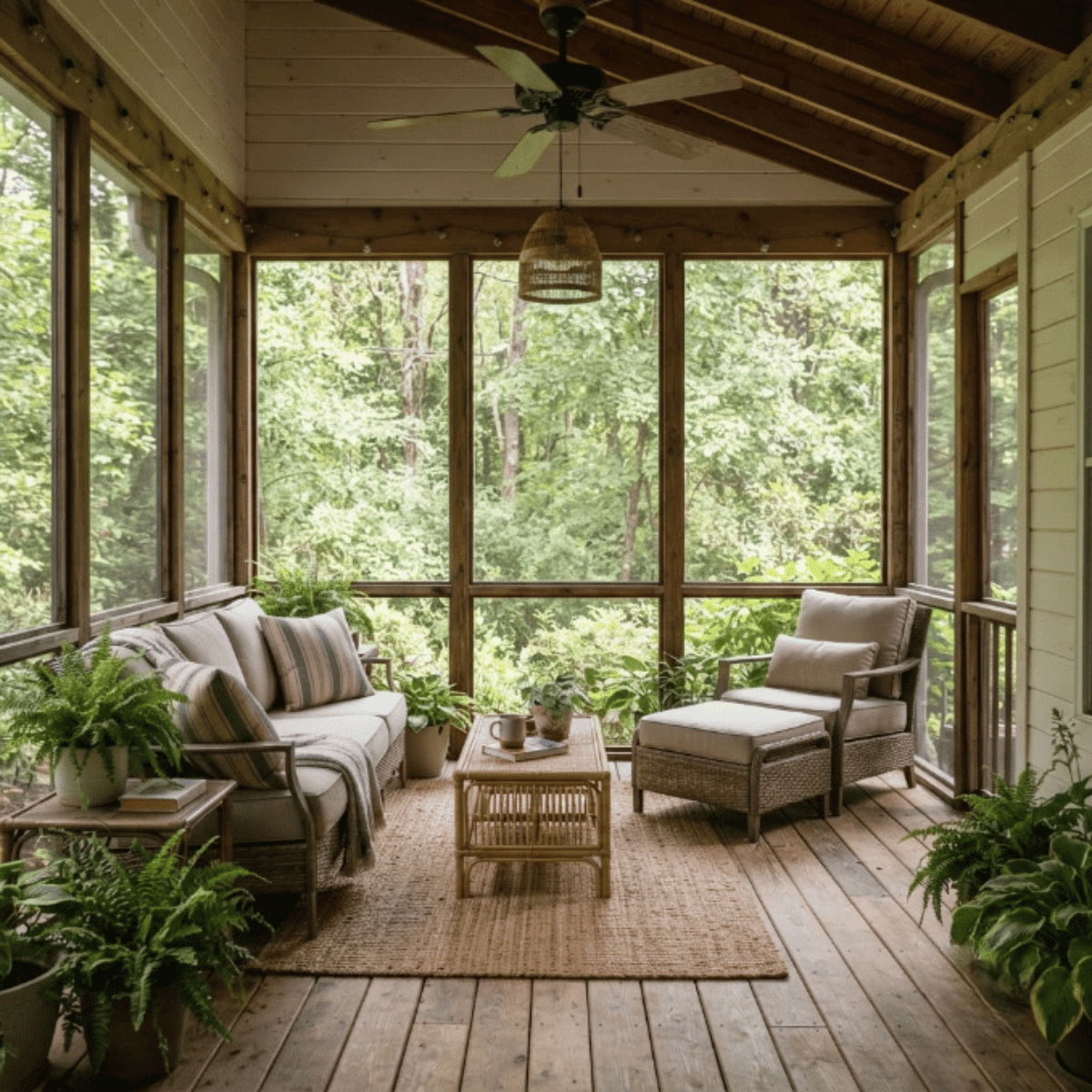 Screened covered porch lounge with sofa, rug, fan, and outdoor comfort features