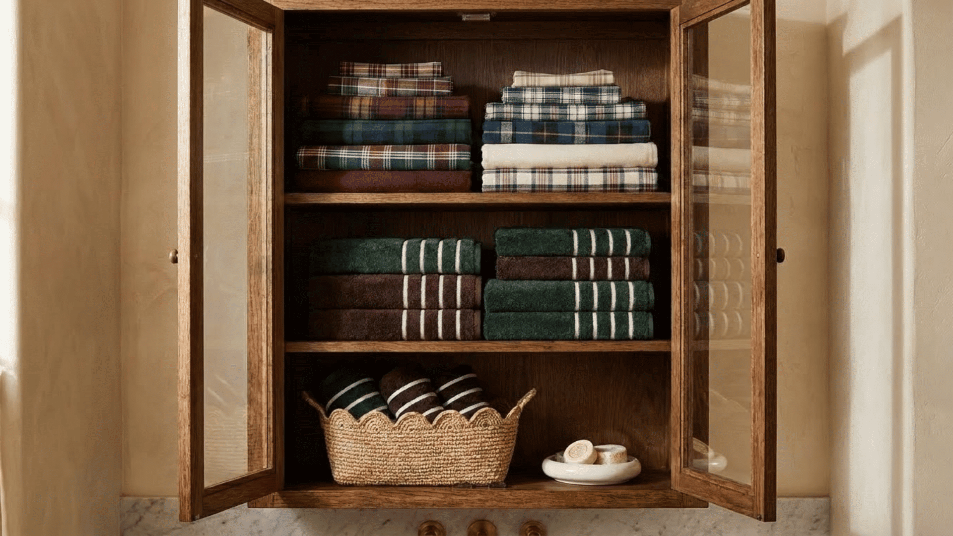 open wooden bathroom cabinet with neatly folded towels, rolled towels, and a woven storage basket