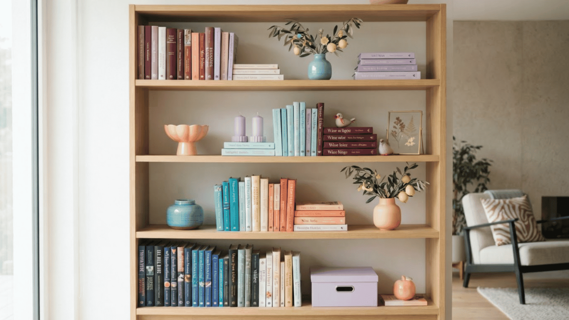 Seasonal bookshelf refresh with colorful books, greenery, flowers, and decorative accents
