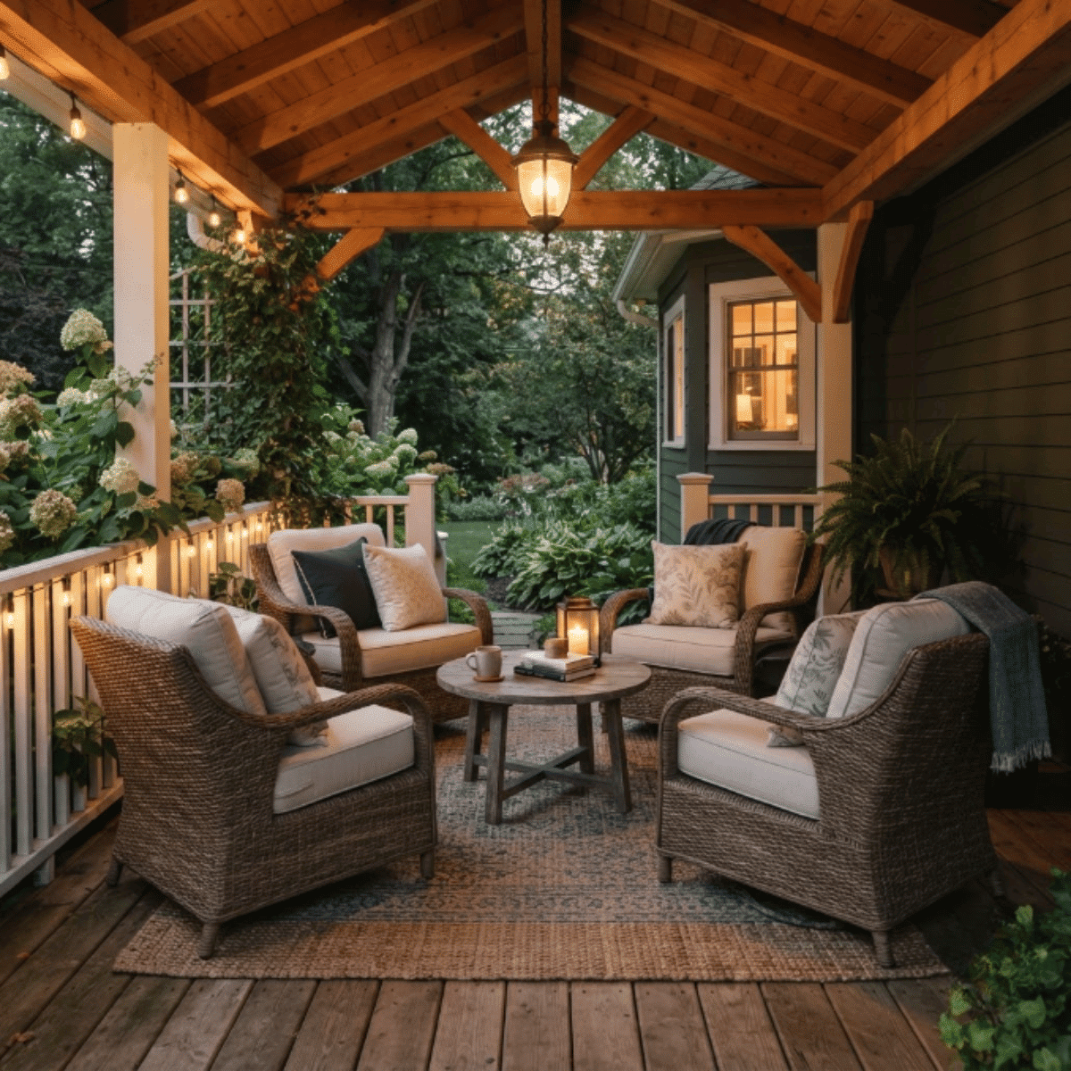 Covered porch conversation zone with chairs, table, rug, and comfortable seating