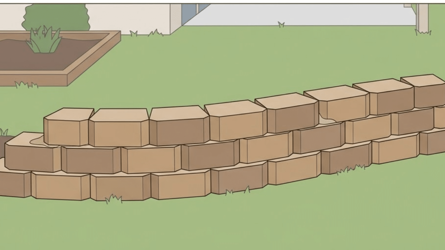 Second course of interlocking retaining wall blocks installed with staggered joints