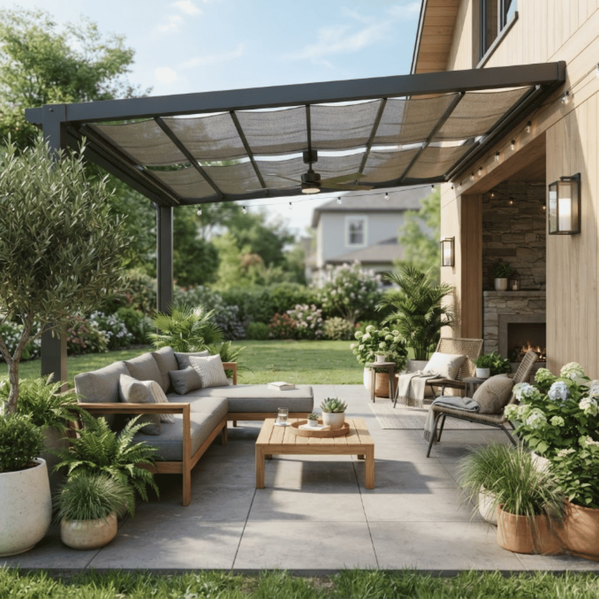 Covered porch with retractable shade system and flexible outdoor seating area
