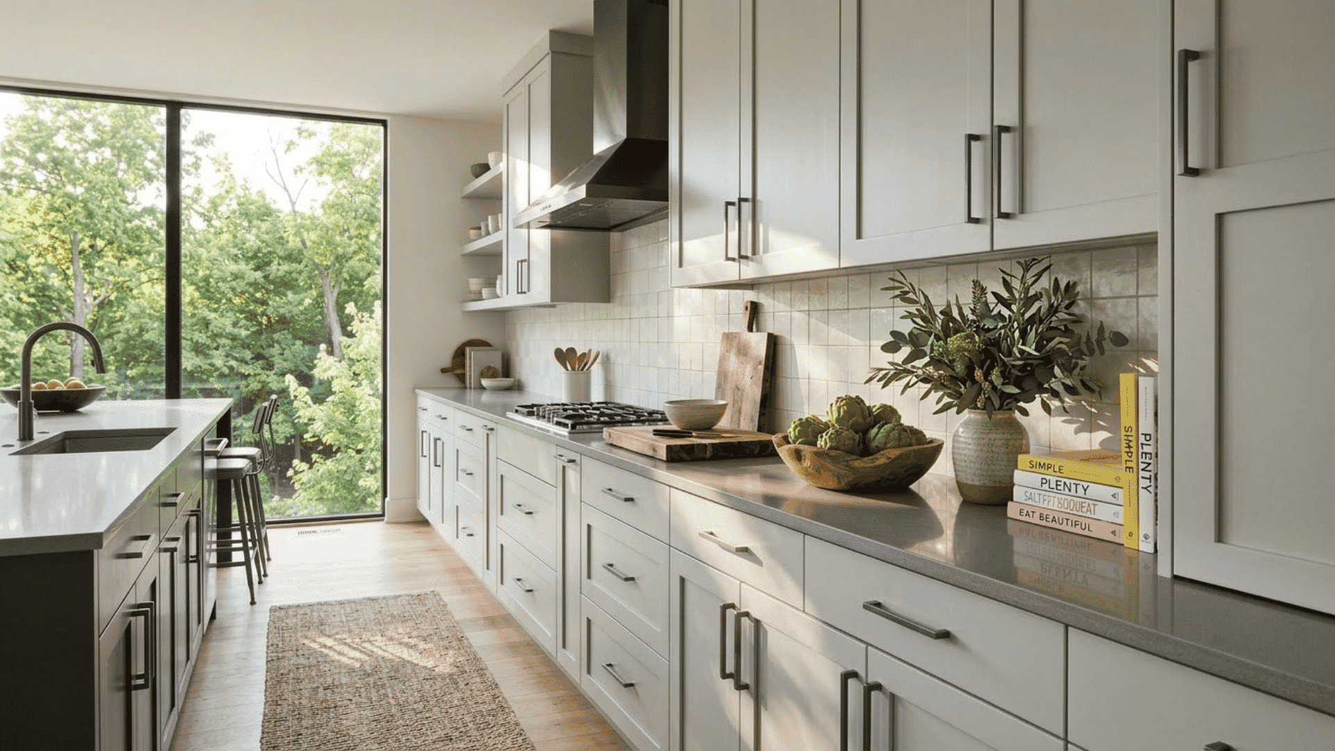 White shaker cabinet doors installed in a modern kitchen with island, drawers, and countertop