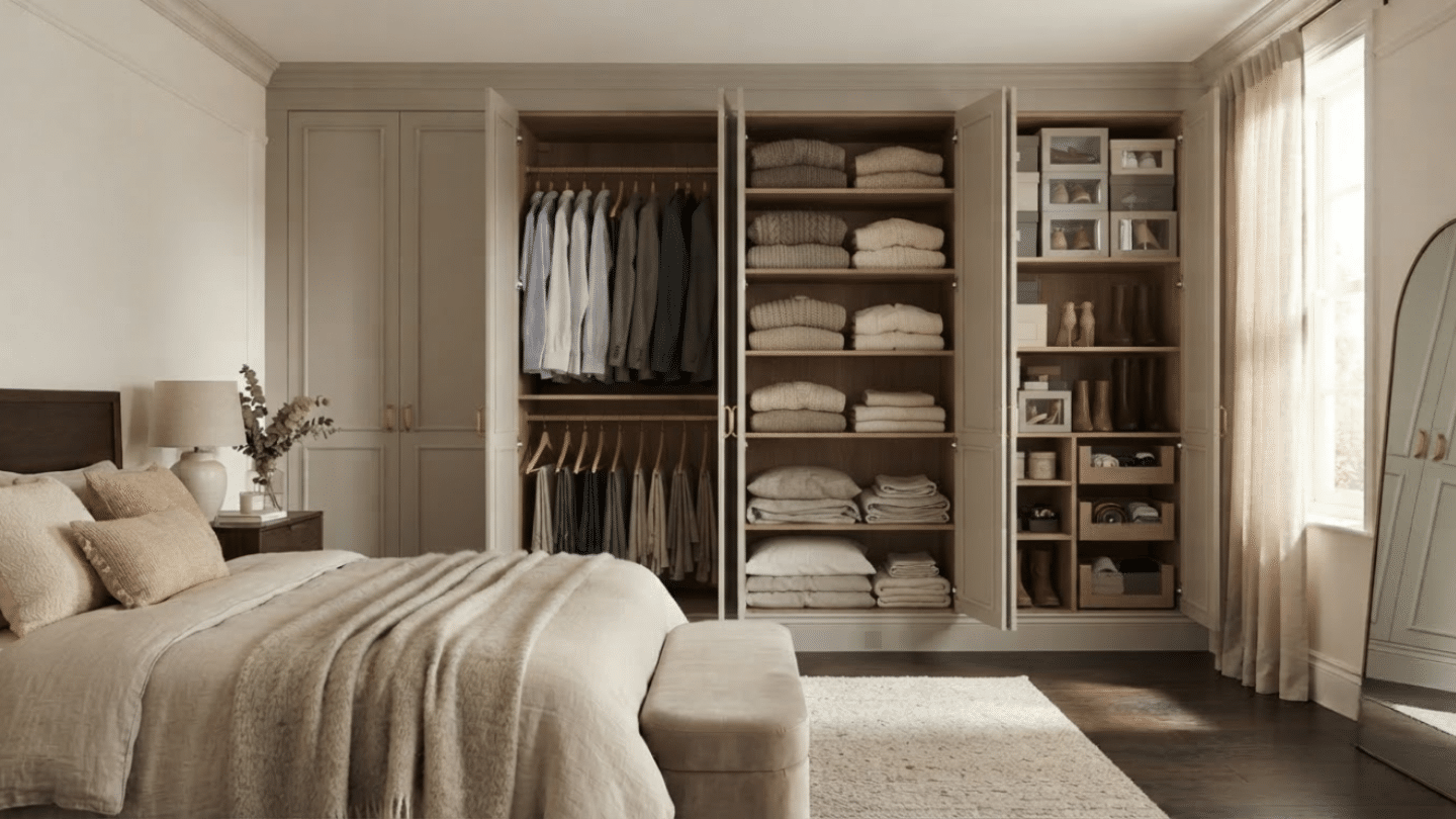 IKEA PAX wardrobe doors upgraded with Shaker-style trim and refined hardware for custom cabinetry appeal