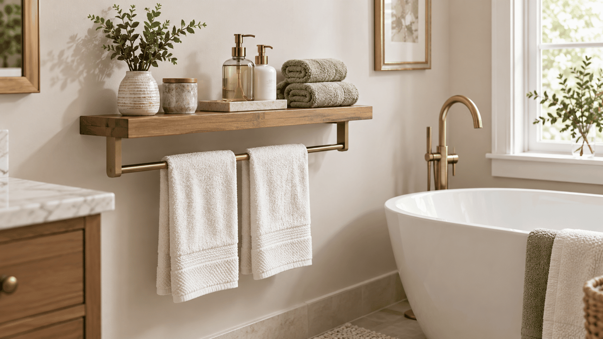 wall-mounted wooden shelf with towel bar, folded towels, toiletries, and greenery beside a freestanding bathtub