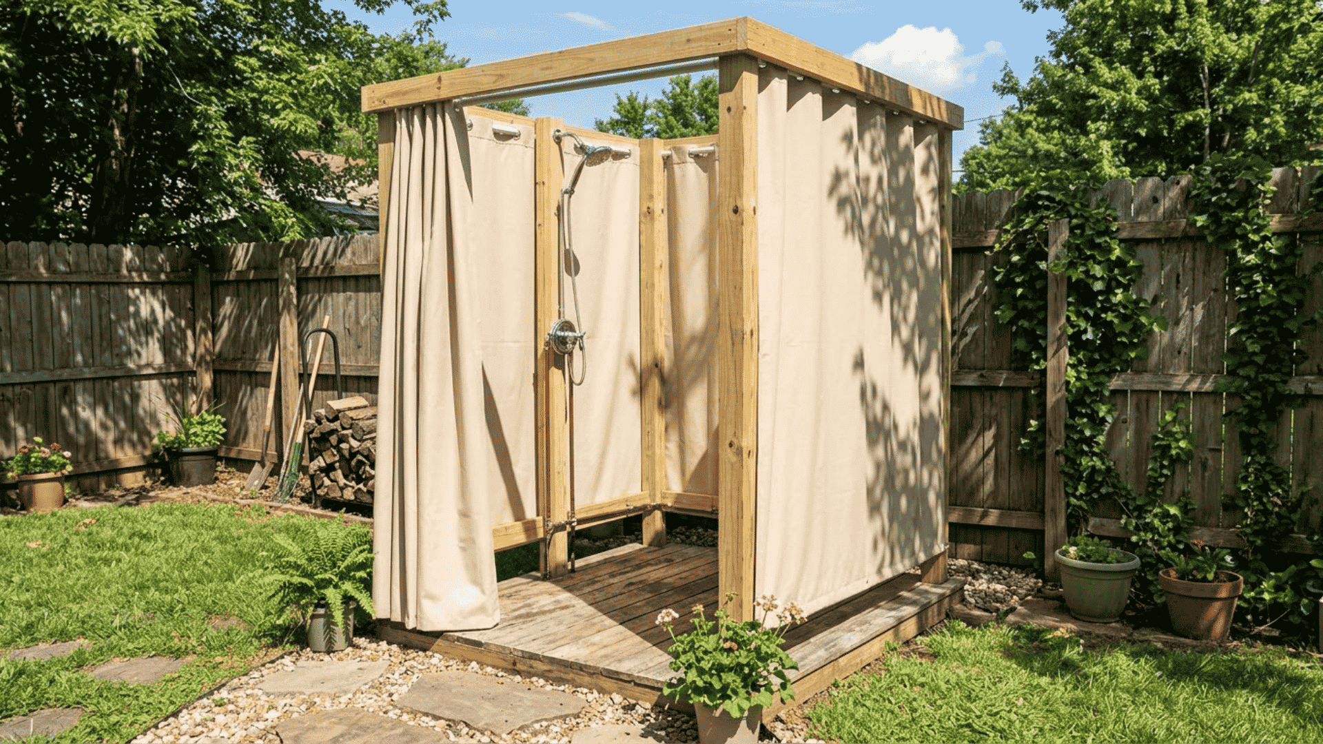 Outdoor shower with wooden frame, privacy curtains, deck flooring, garden fence, and backyard landscaping