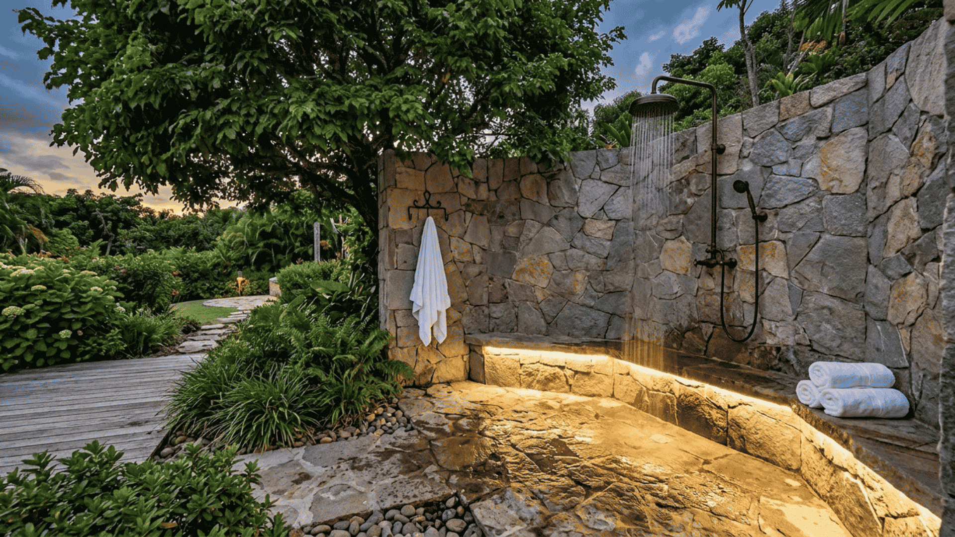 Outdoor shower with natural stone wall enclosure, warm lighting, stone flooring, towels, and lush garden landscaping