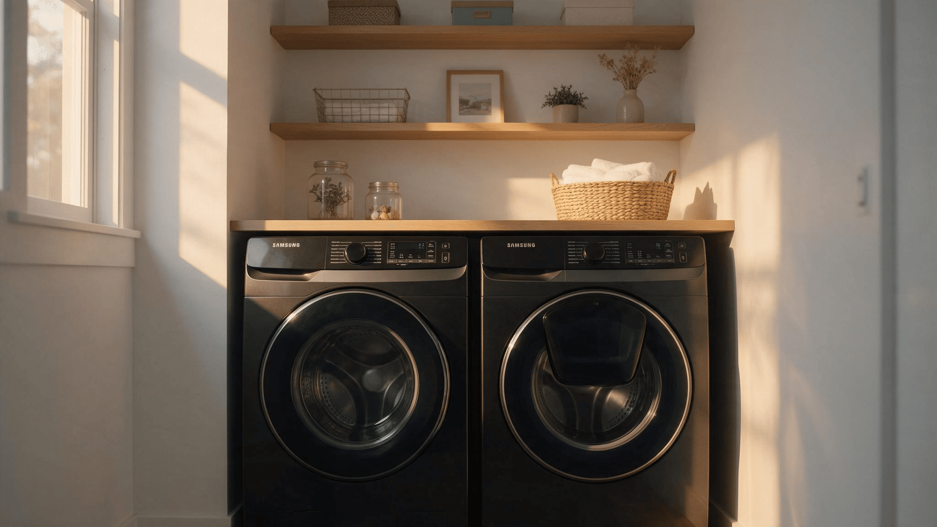 laundry room with black front-loading washer and dryer beneath wooden shelves with baskets and storage boxes