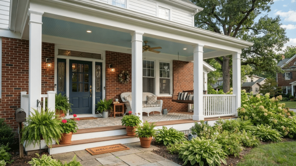 Classic sky blue porch ceiling adding an airy and welcoming look to a traditional home