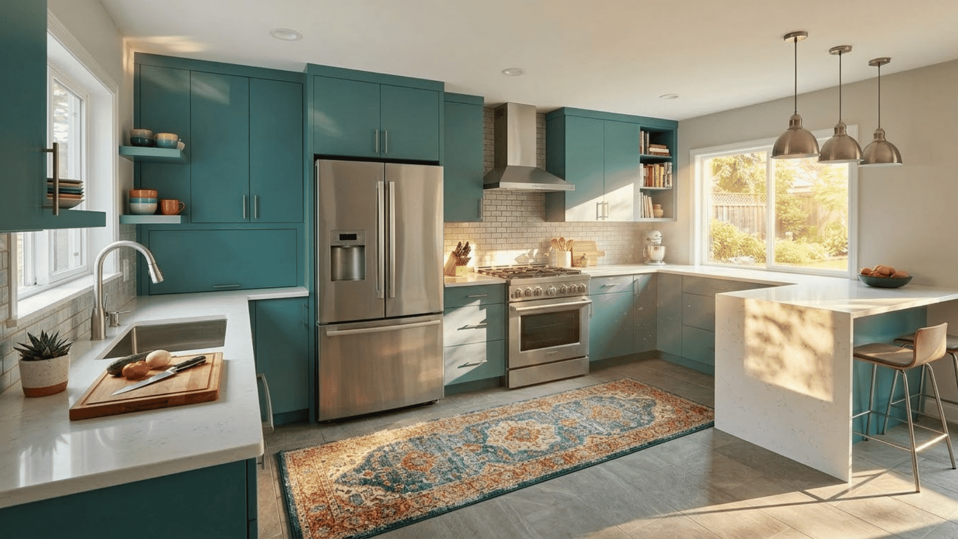 Teal slab cabinet doors in a modern kitchen with island, stainless steel appliances, and white countertops