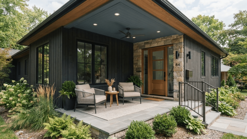 Muted slate blue porch ceiling adding depth and modern sophistication outdoors
