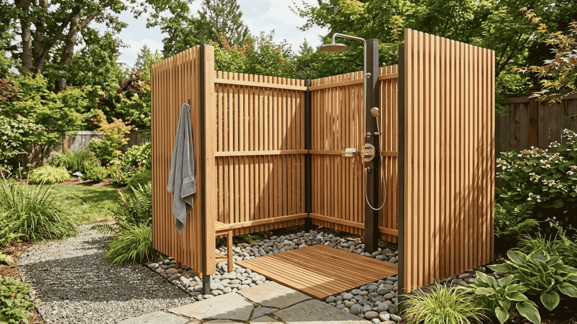 Outdoor shower with wooden slat privacy enclosure, pebble flooring, wooden deck platform, towel hook, and garden landscaping.