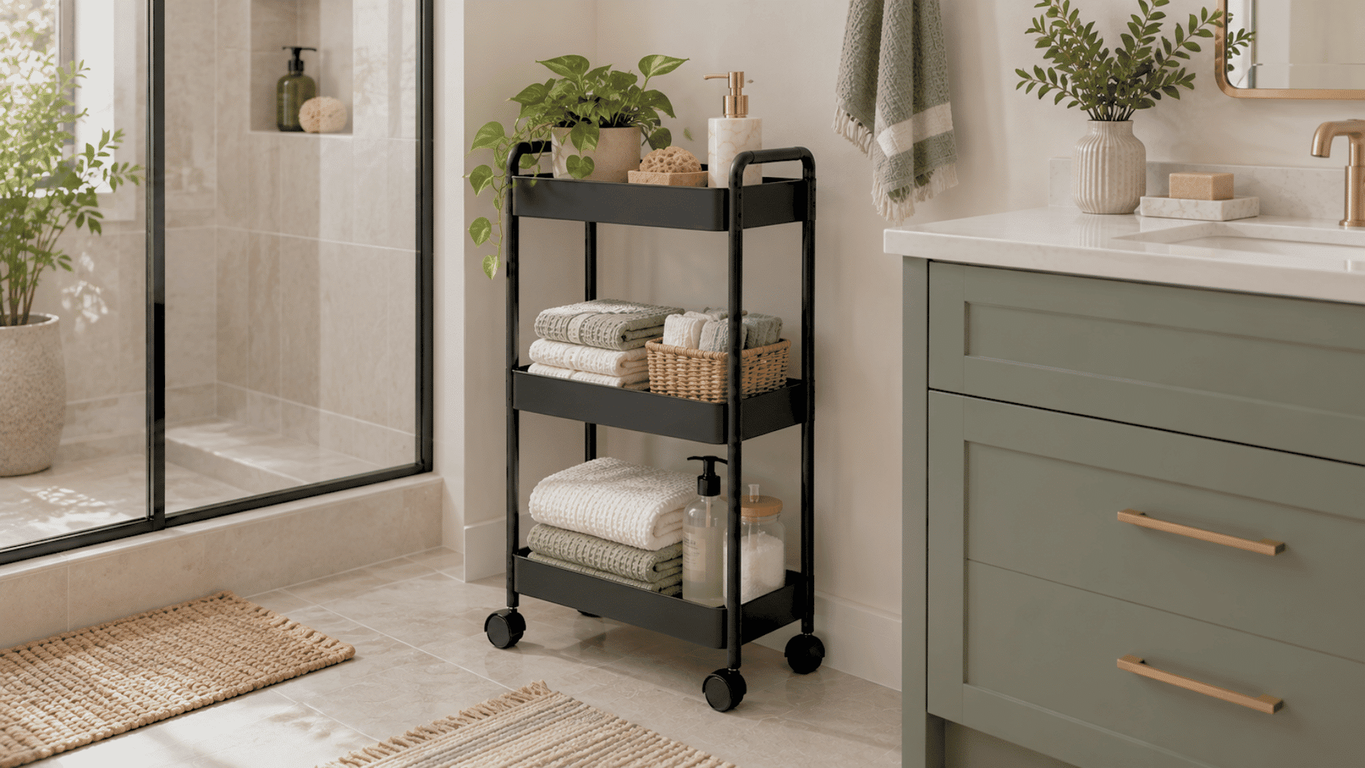 slim black rolling utility cart storing folded towels, toiletries, and a small plant beside a bathroom vanity