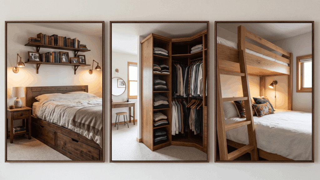 Storage ideas for small spaces bedroom, for almirah, floating shelves and double bed.