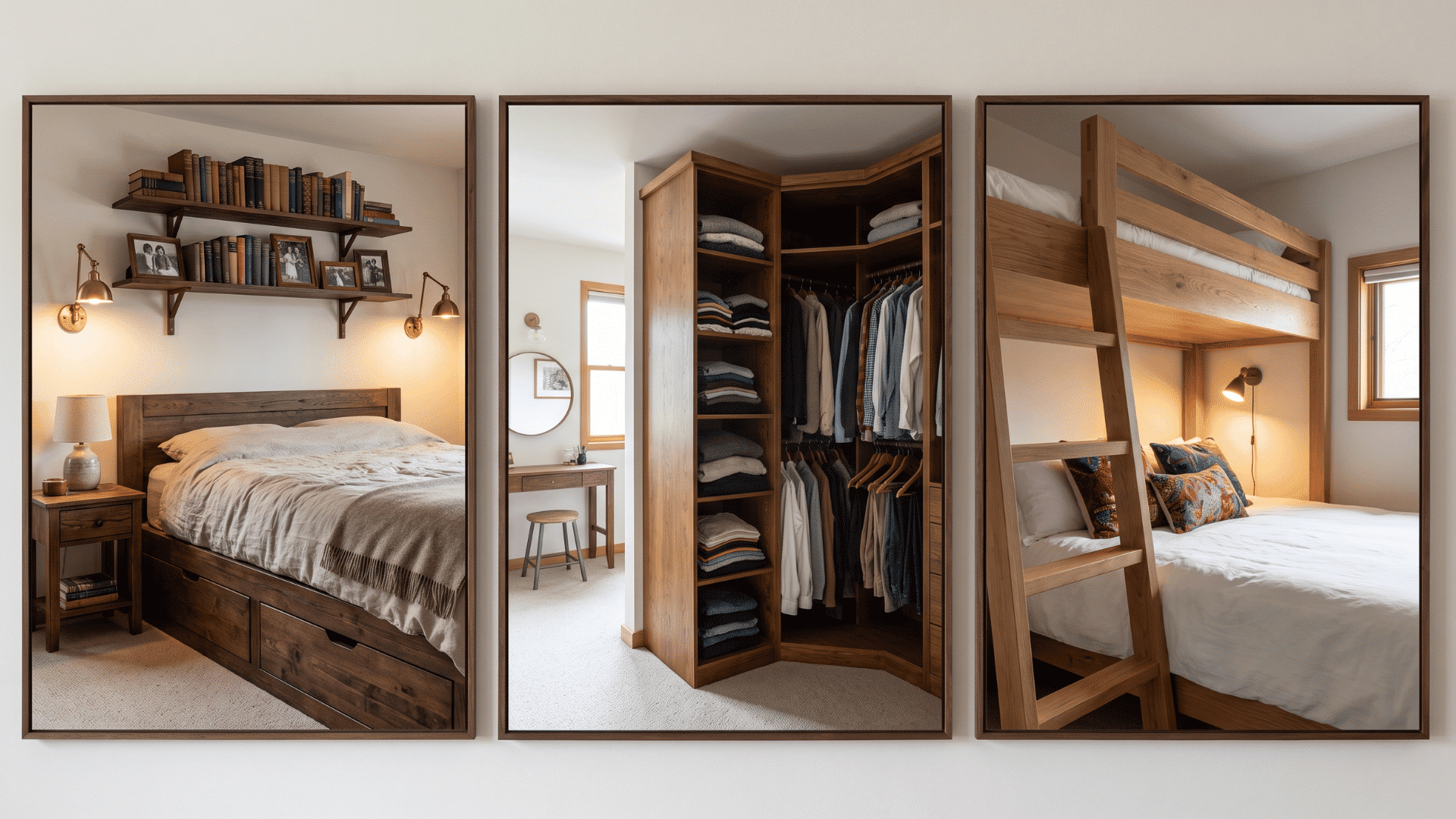 Storage ideas for small spaces bedroom, for almirah, floating shelves and double bed.