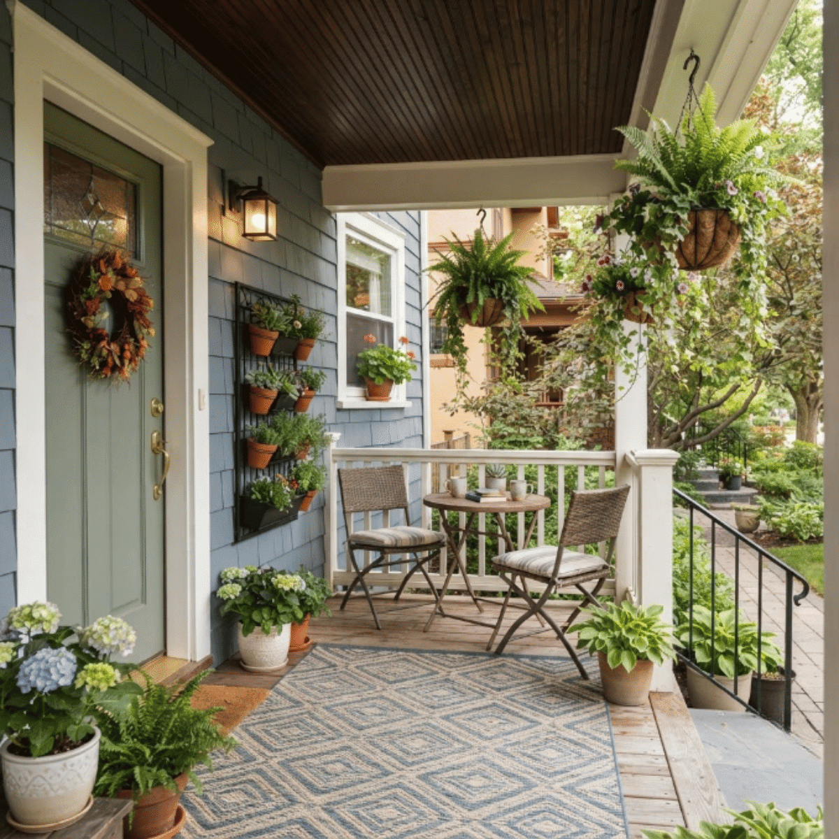 Small covered front porch with compact chairs, plants, and space-saving outdoor decor