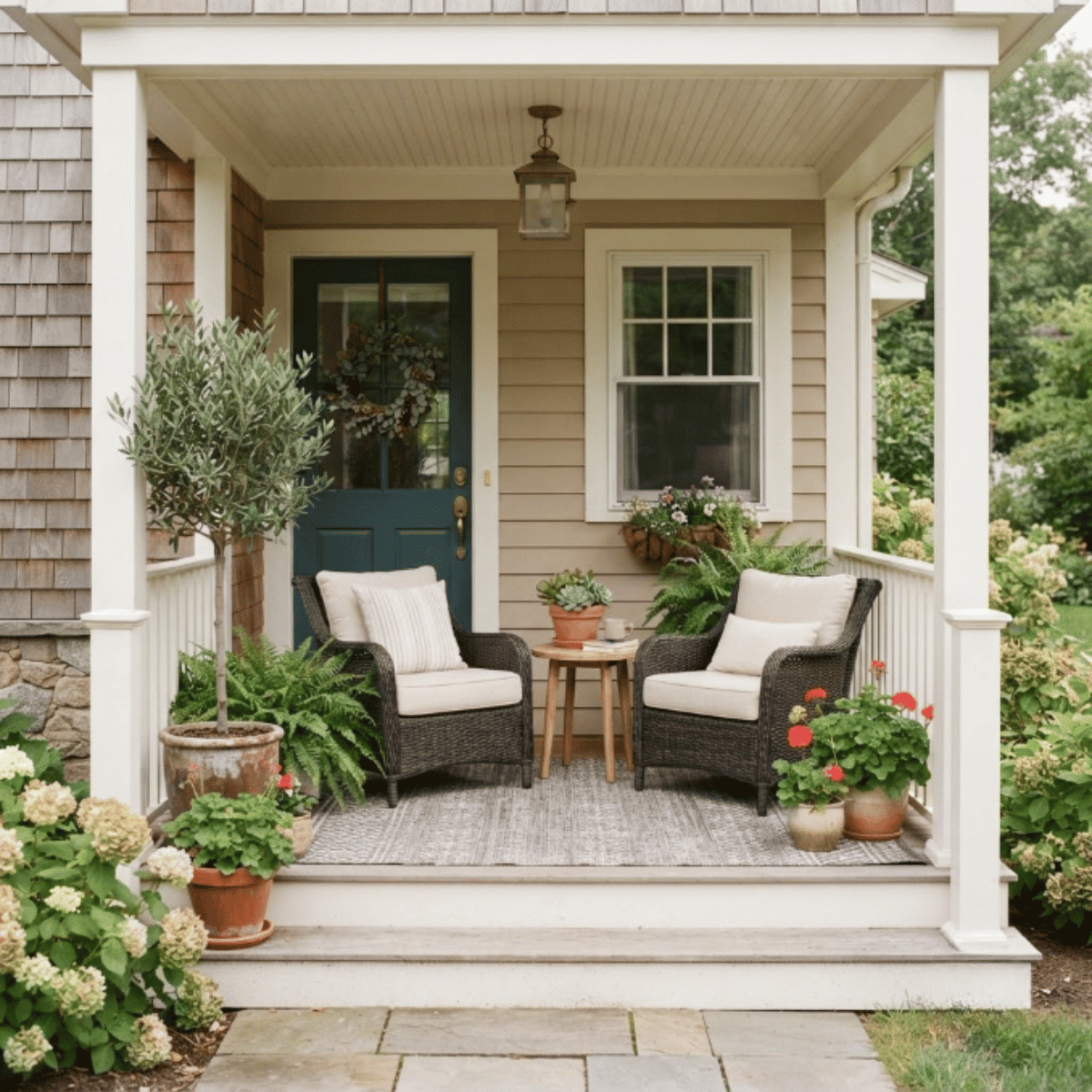 Small covered porch with two chairs, table, plants, and compact seating design