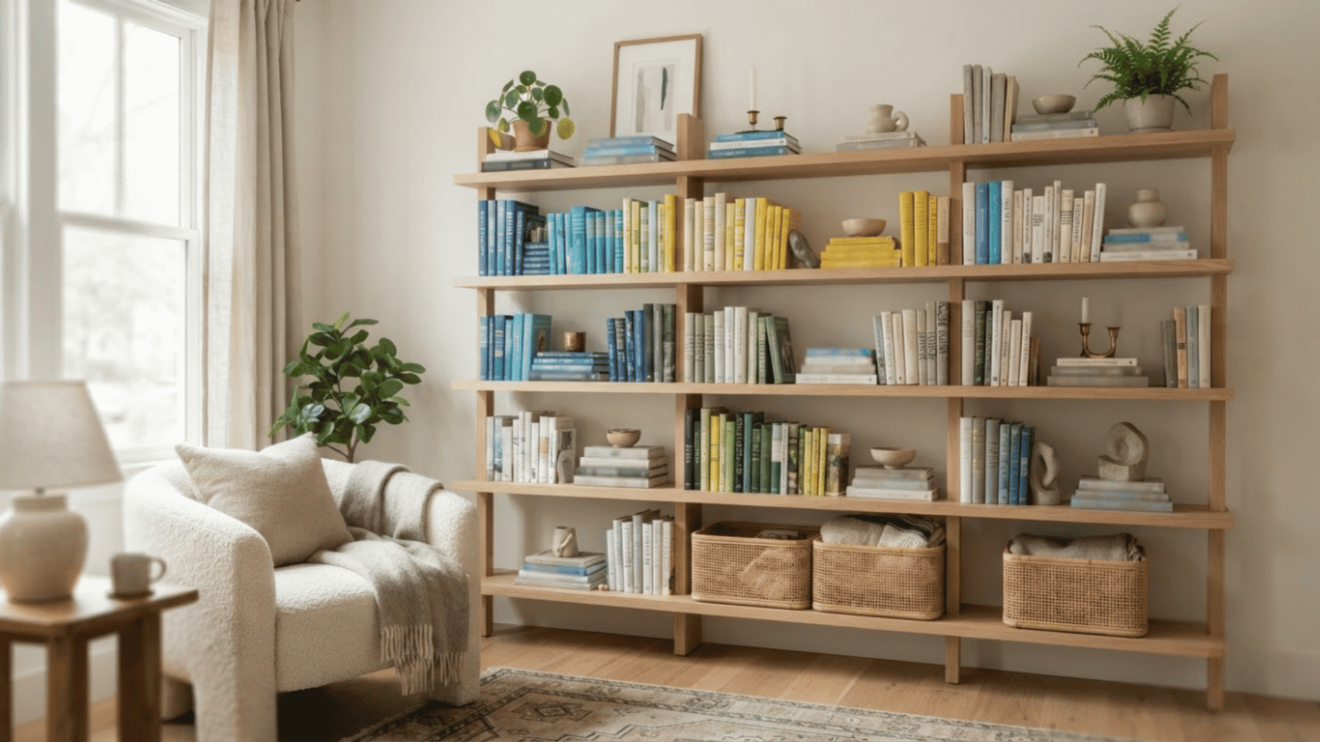 Space-saving bookshelf in a small room with books, plants, baskets, and decor