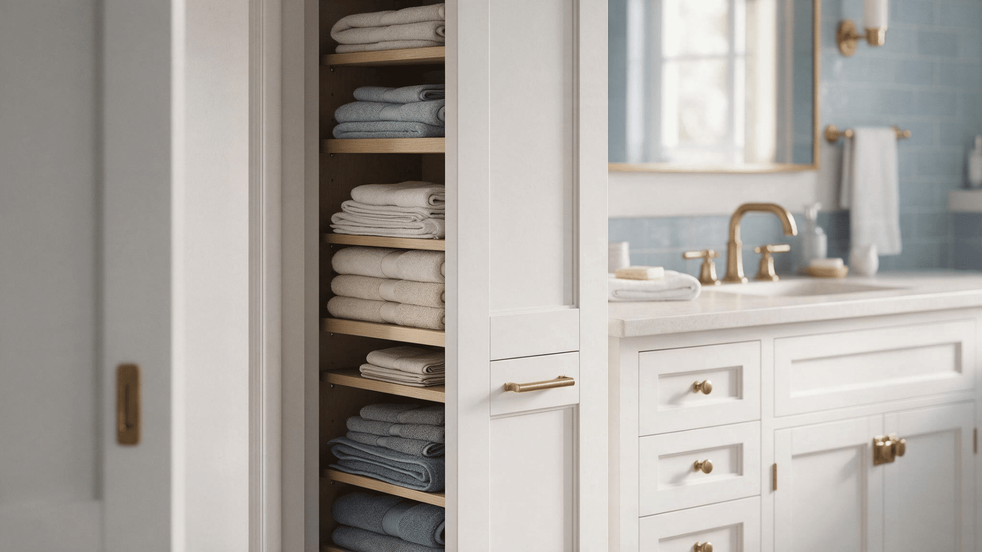 narrow built-in shelving beside a bathroom vanity storing neatly folded white and gray towels