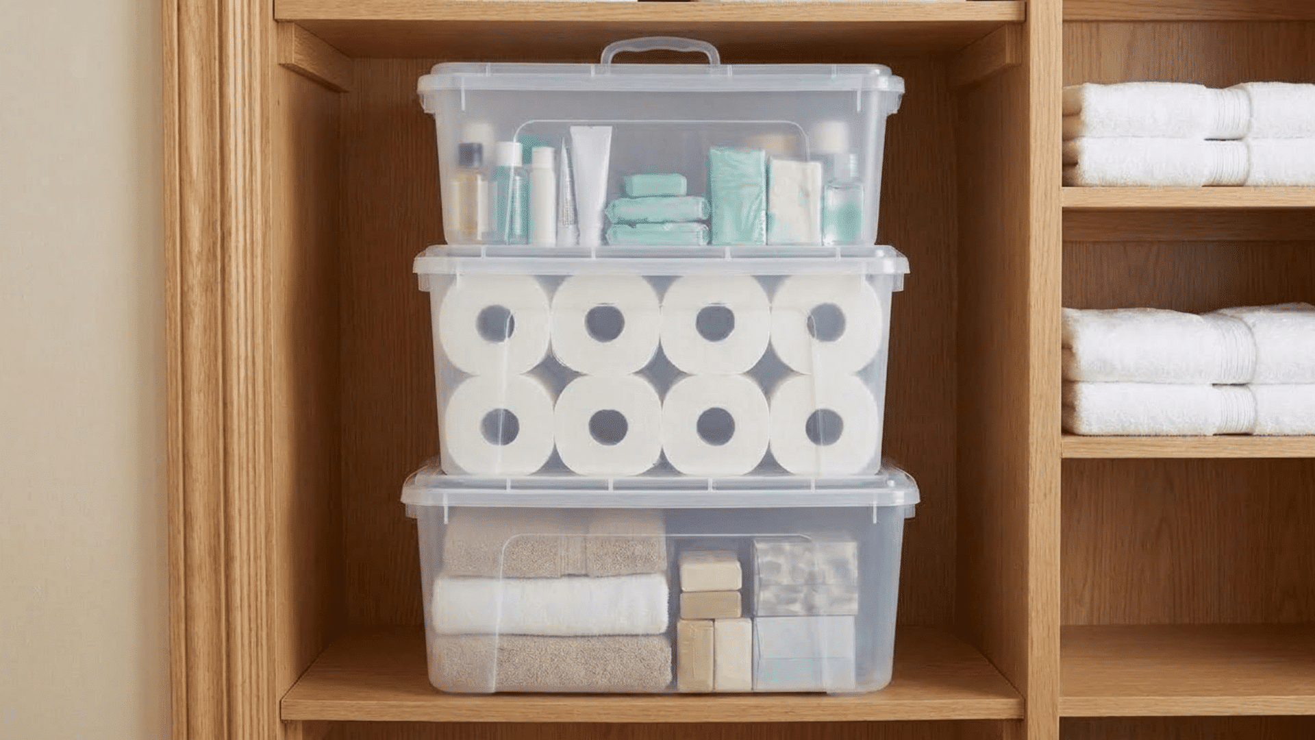 stackable bins with toilet paper and backup supplies arranged vertically on bathroom closet shelves